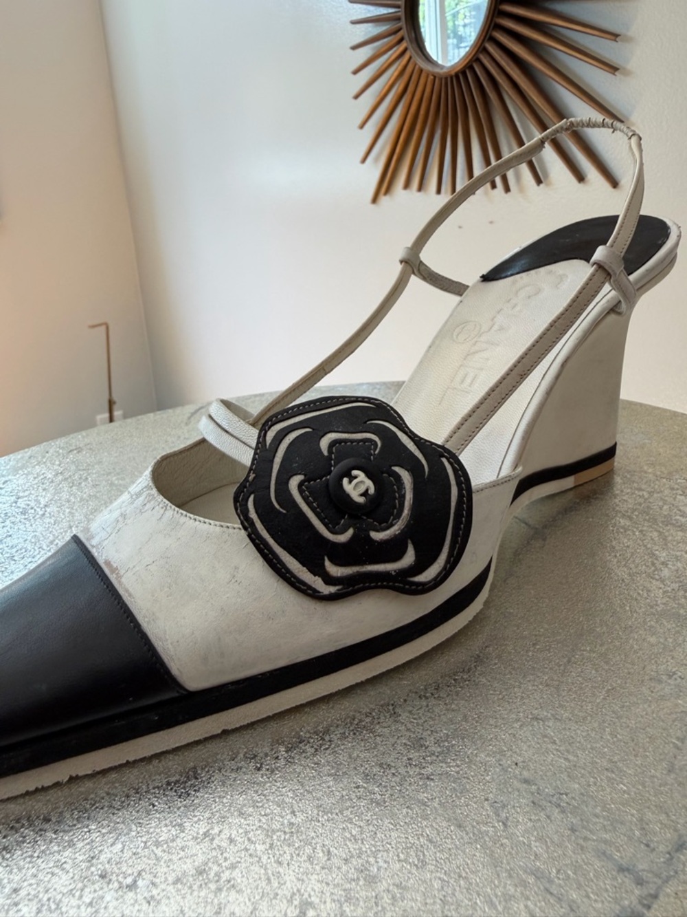 CHANEL - Two-Tone Slingback Wedges w/ Camellia Detail – Size 38.5 - Picture 9 of 15